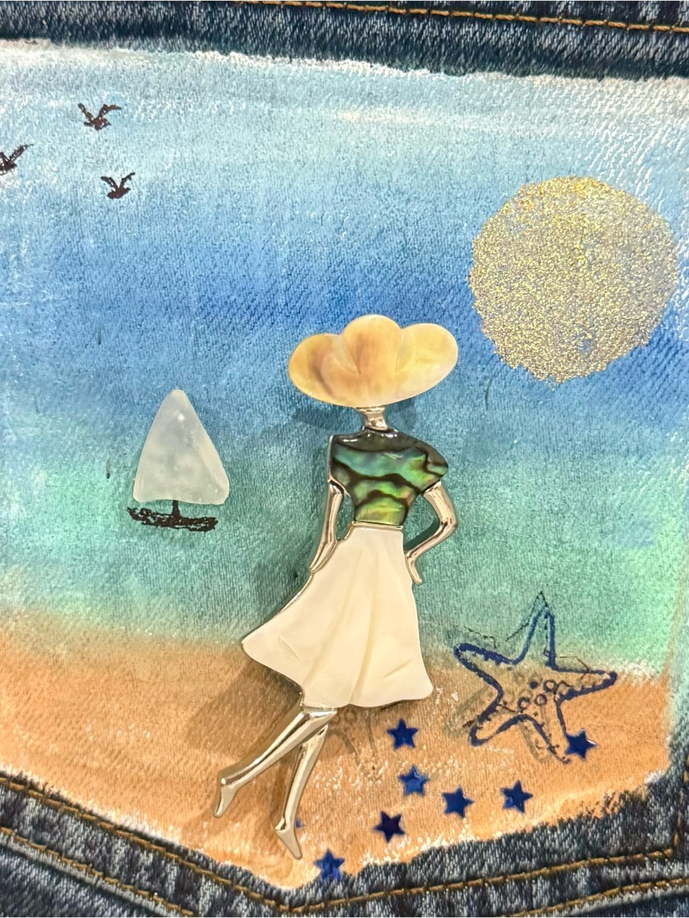 Hand Crafted Blue Denim Coastal Pocket Mixed Media Art - Picture 4 of 4